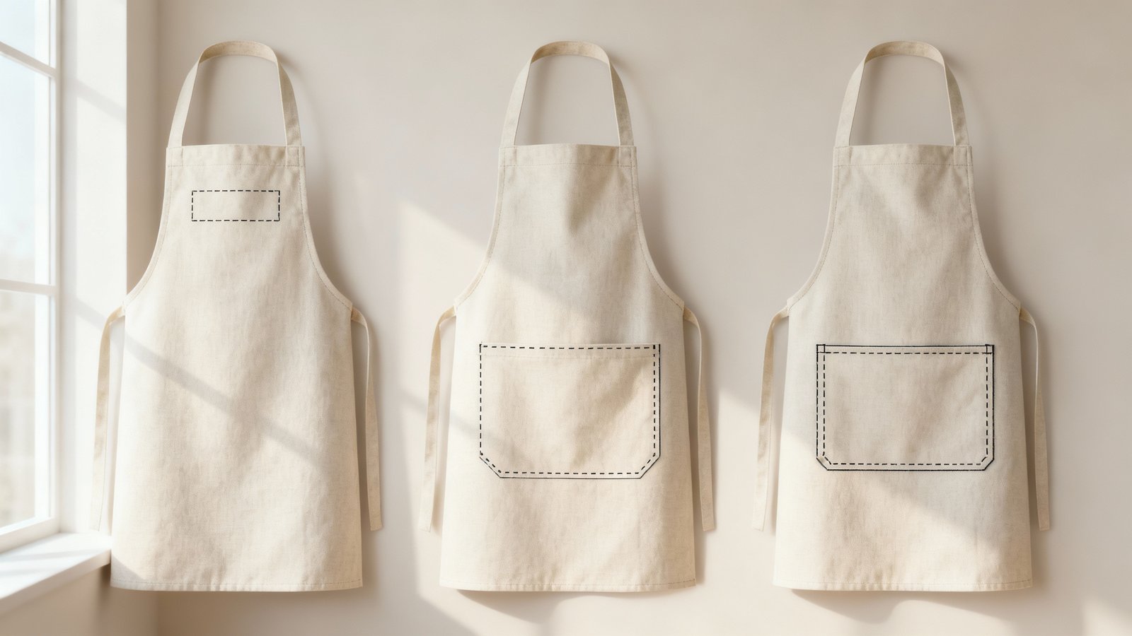 Drei Schürzen nebeneinander auf hellem Hintergrund, mit markierten aber leeren Bereichen an Brust, Bauch und Tasche