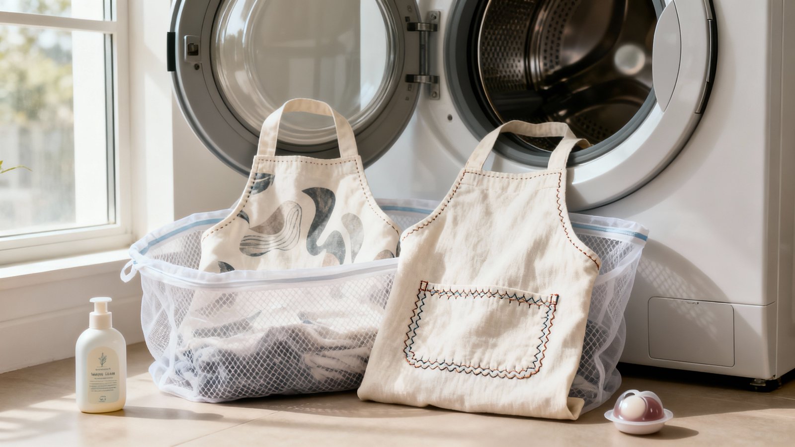 Zwei Schürzen mit gedrucktem Muster und sichtbarer Stickerei im Schutz-Wäschesack neben Waschmittel, natürliches Licht