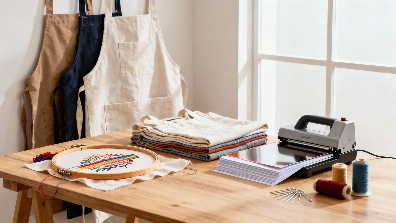 Schürzen und Veredelung: Druck- und Stickdetails Mehrere Baumwollschürzen auf Holztisch mit Stickrahmen, Garn, Druckfolien und Nähutensilien bei natürlichem Licht