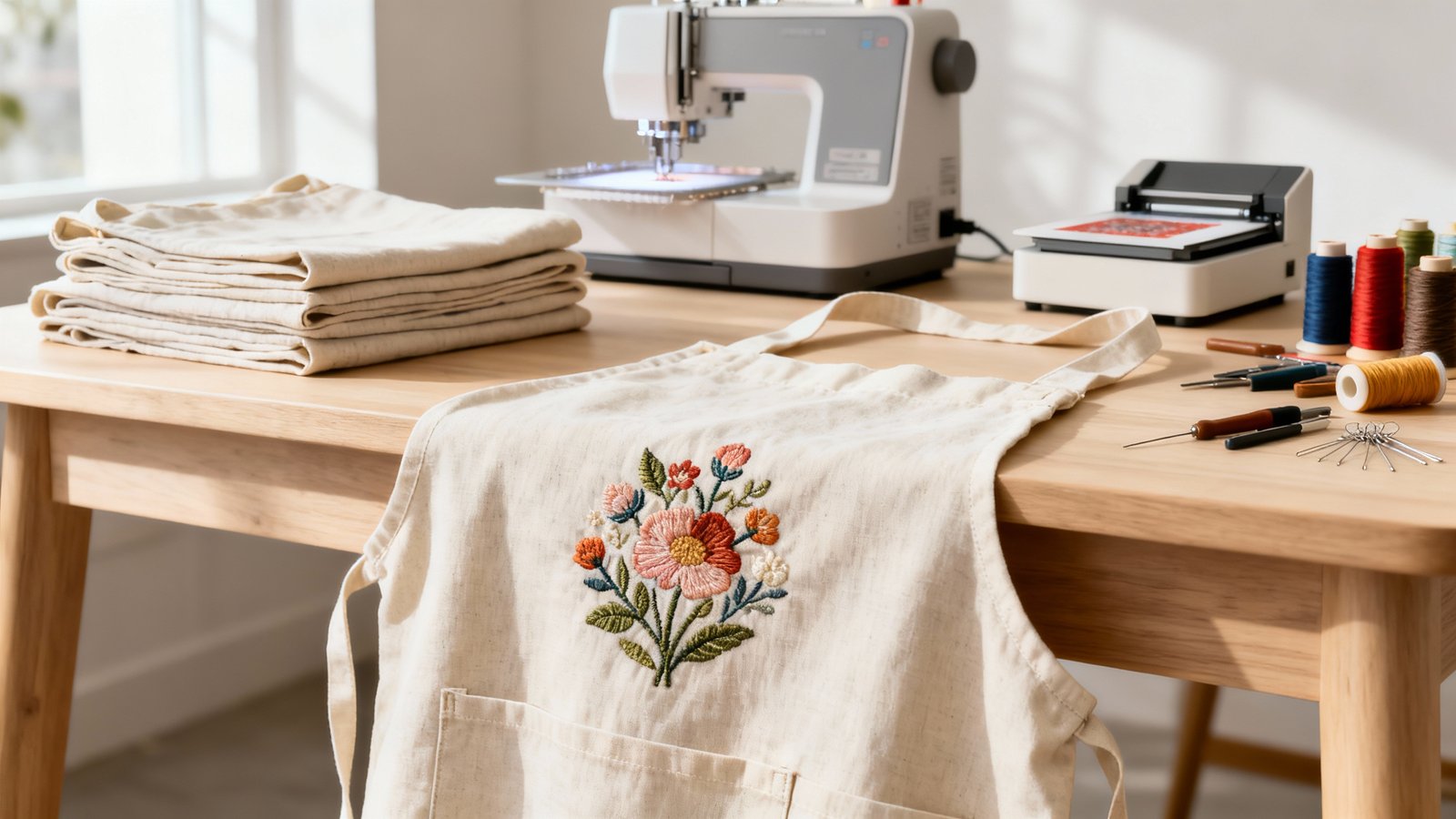 Mehrere sauber arrangierte Baumwollschürzen mit gestickter Musterprobe, Stickmaschine und Druckwerkzeuge auf hellem Holztisch