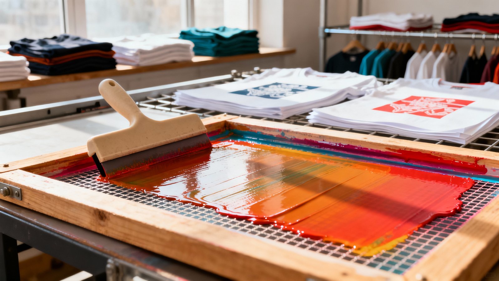 Nahaufnahme eines Siebdruckrahmens mit frischer Farbe auf dem Sieb und Trockengestell im hellen Atelier