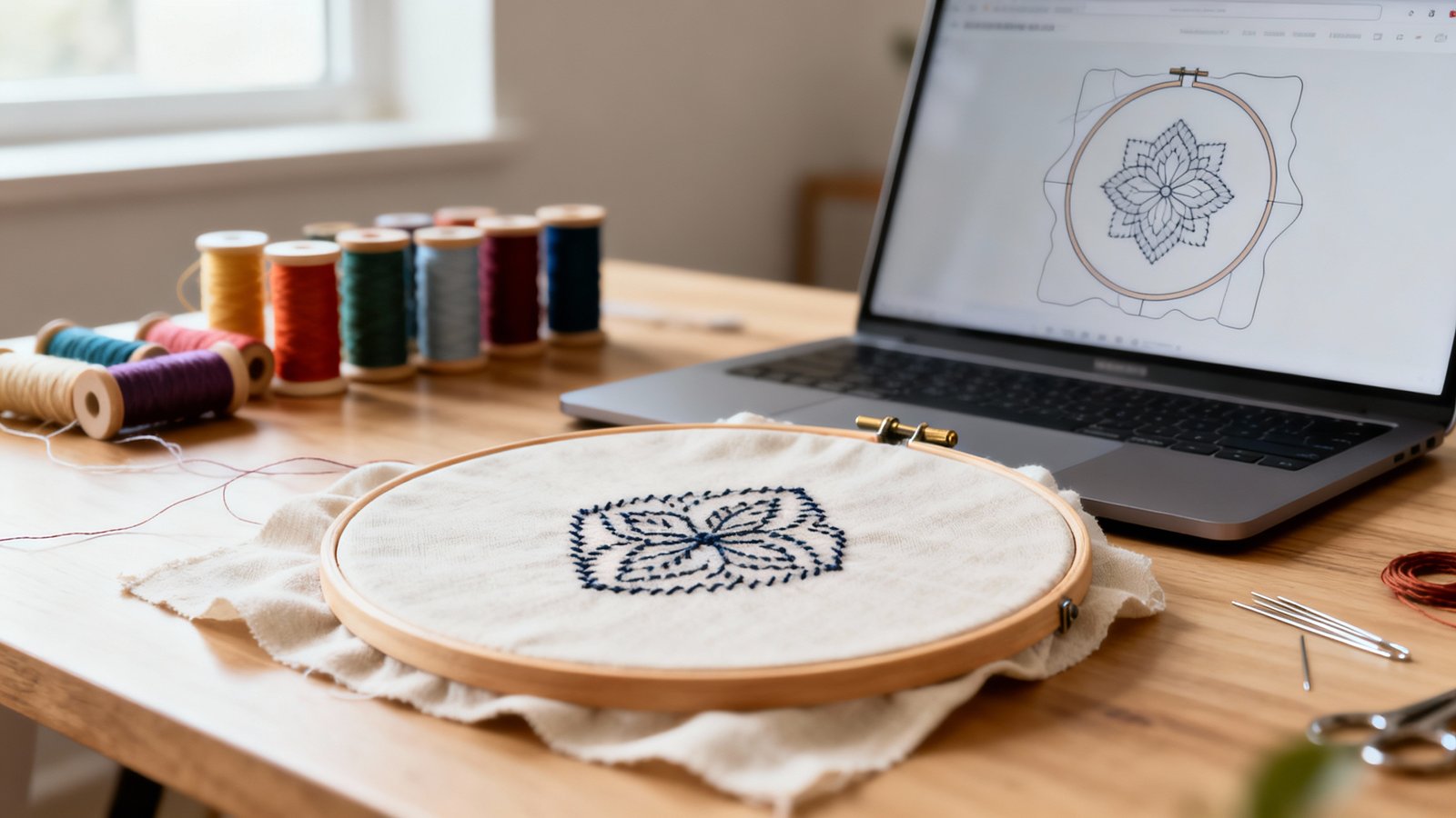Nahaufnahme eines bestückten Stickrahmens auf Stoff neben Garnspulen und einem Bildschirm mit digitalem Stickmuster