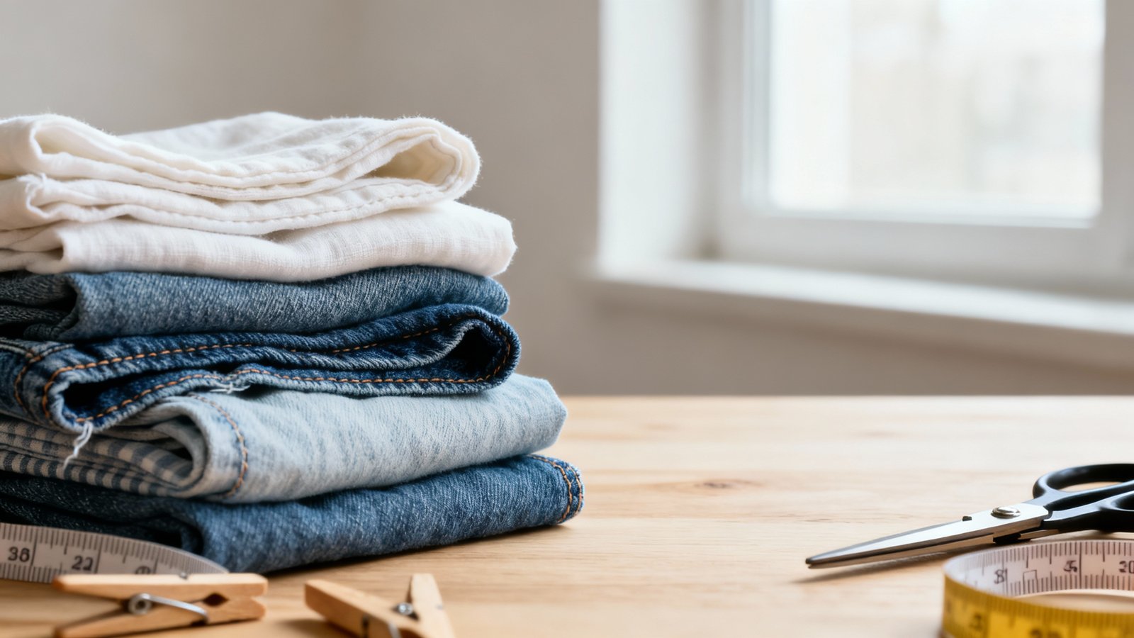 Gefaltete Stoffproben aus Baumwolle, Denim und Mischgewebe auf hellem Holztisch bei natürlichem Seitenlicht