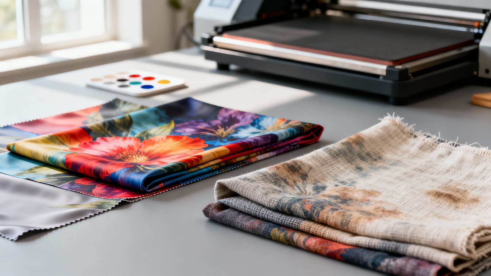 Nahaufnahme zweier Stoffgruppen: links glattes Polyester mit kräftigem Sublimationsdruck, rechts Baumwolle mit blass wirkender Bedruckung, natürliches Licht