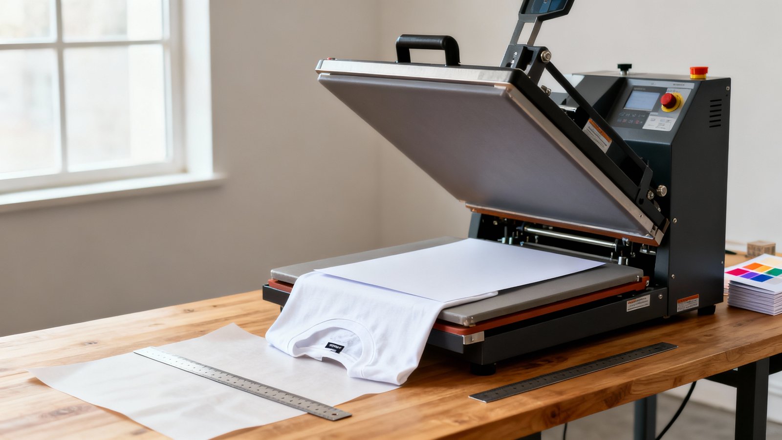 Heatpress auf Holztisch mit Transferpapier auf weißem T-Shirt, natürliche Seitenbeleuchtung, sauberer Studiohintergrund