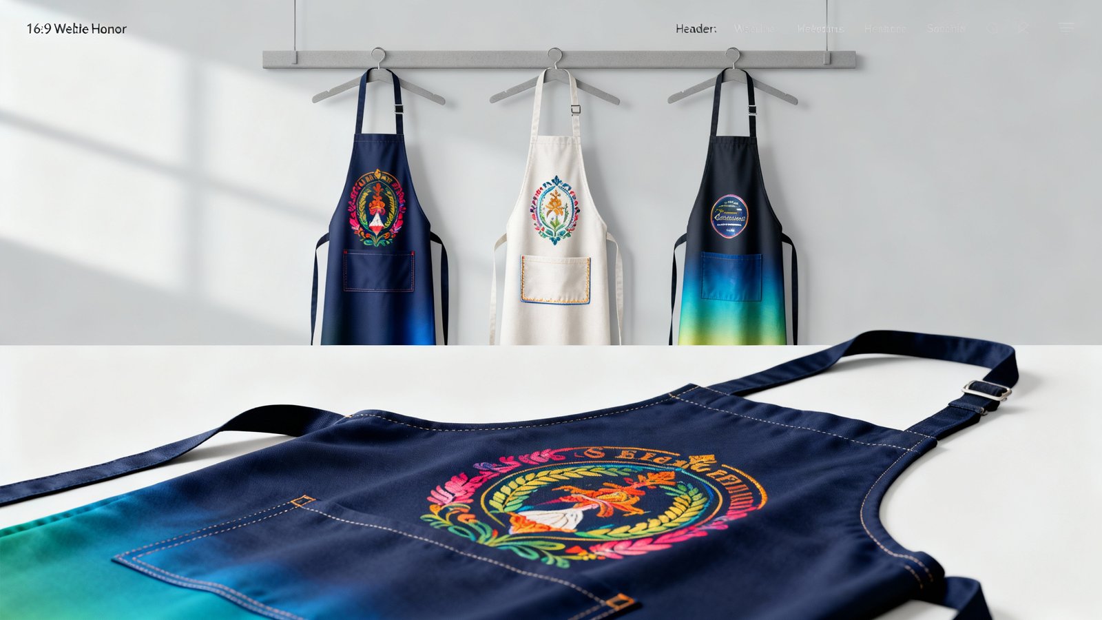 Mehrere Schürzen nebeneinander mit Nahaufnahmen unterschiedlicher Drucktechniken auf Stoff