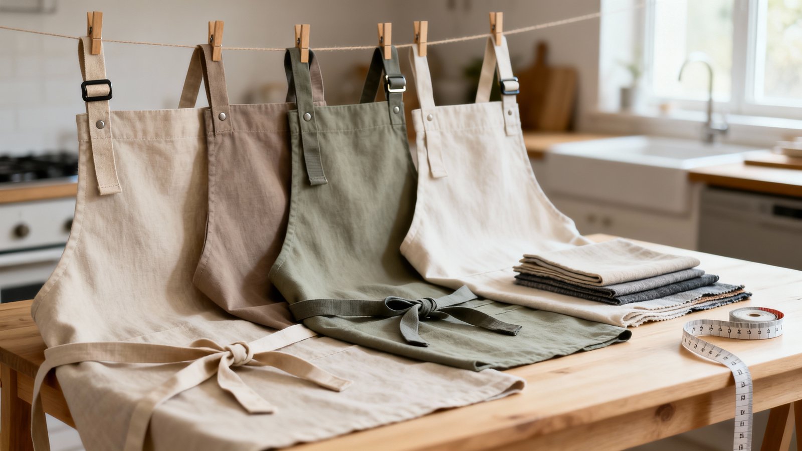 Mehrere Schürzen in unterschiedlichen Größen auf hellem Tisch, Maßband und Stoffmuster zur Größen- und Passformwahl