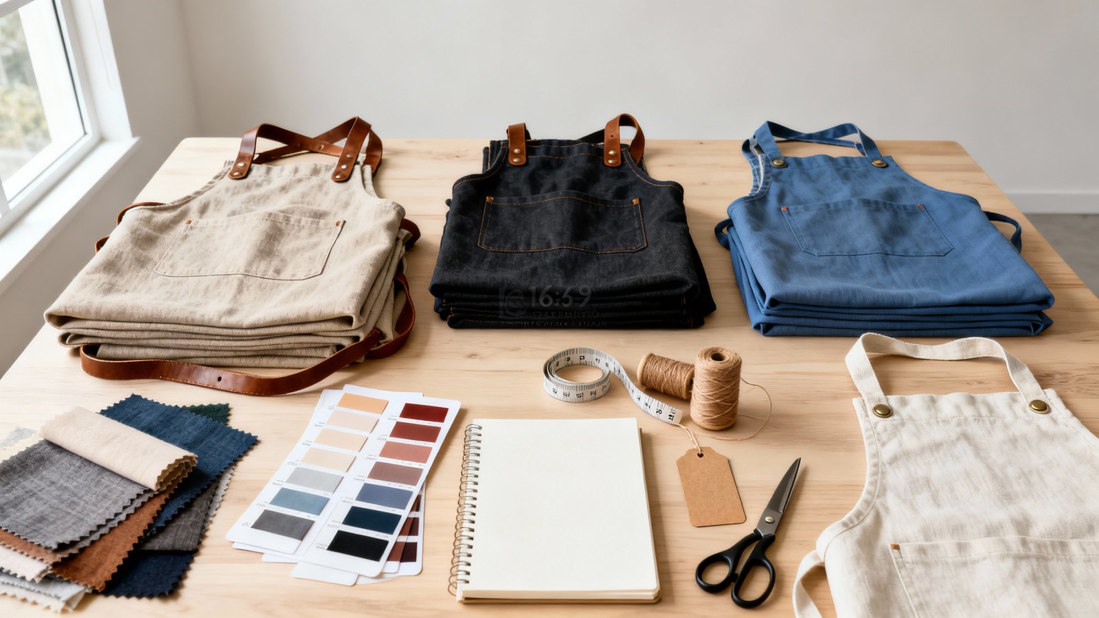 Verschiedene Schürzen auf Holztisch mit Stoffmustern, Nähwerkzeugen und leerem Notizblock für die Planung
